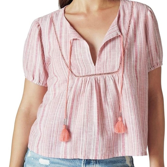 LUCKY BRAND COTTON LINEN STRIPED BOHO PEASANT BLOUSE IN PINK NWT WOMEN'S SMALL‎ - Picture 1 of 15